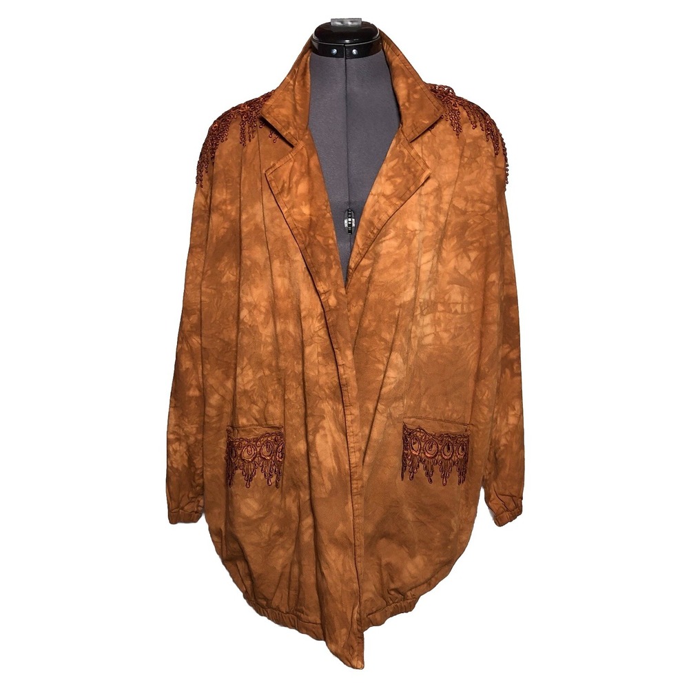 Vintage Boho Oversized Jacket Brown Beaded Fringe Tie Dye  Neutral Oversized OS